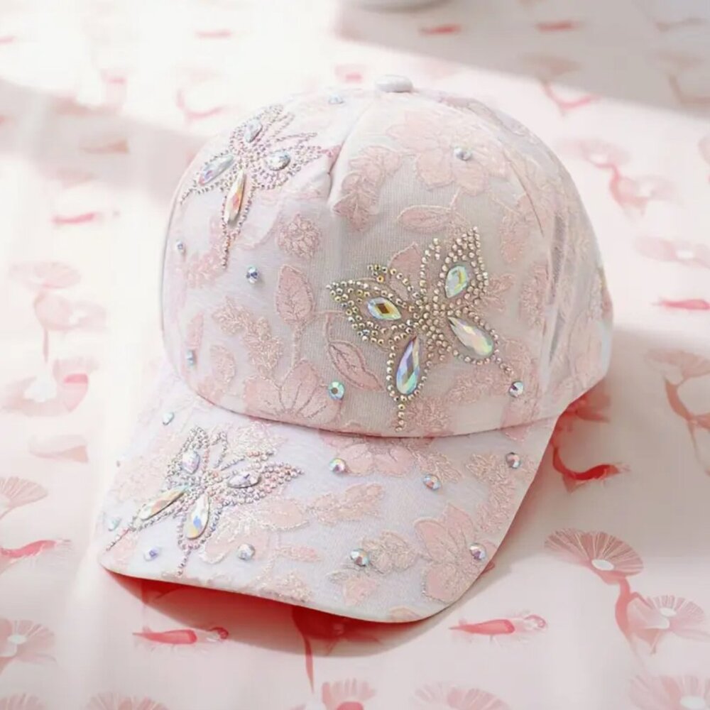 WOMENS PINK BLING RHINESTONE BUTTERFLY BASEBALL CAP